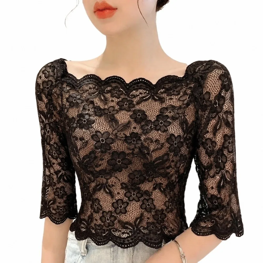 New One-word Collar Women Cropped Tops See-through Embroidery Half Sleeve Blouse Lace Pullover Tops Summer
