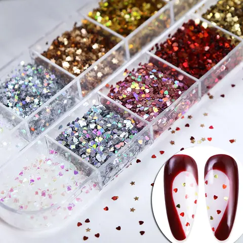 12grids/Box 1mm Holographic Heart&Star Nail Glitters Super Reflective Mini Laser Heart Star Nail Sequins DIY Manicure Supplies