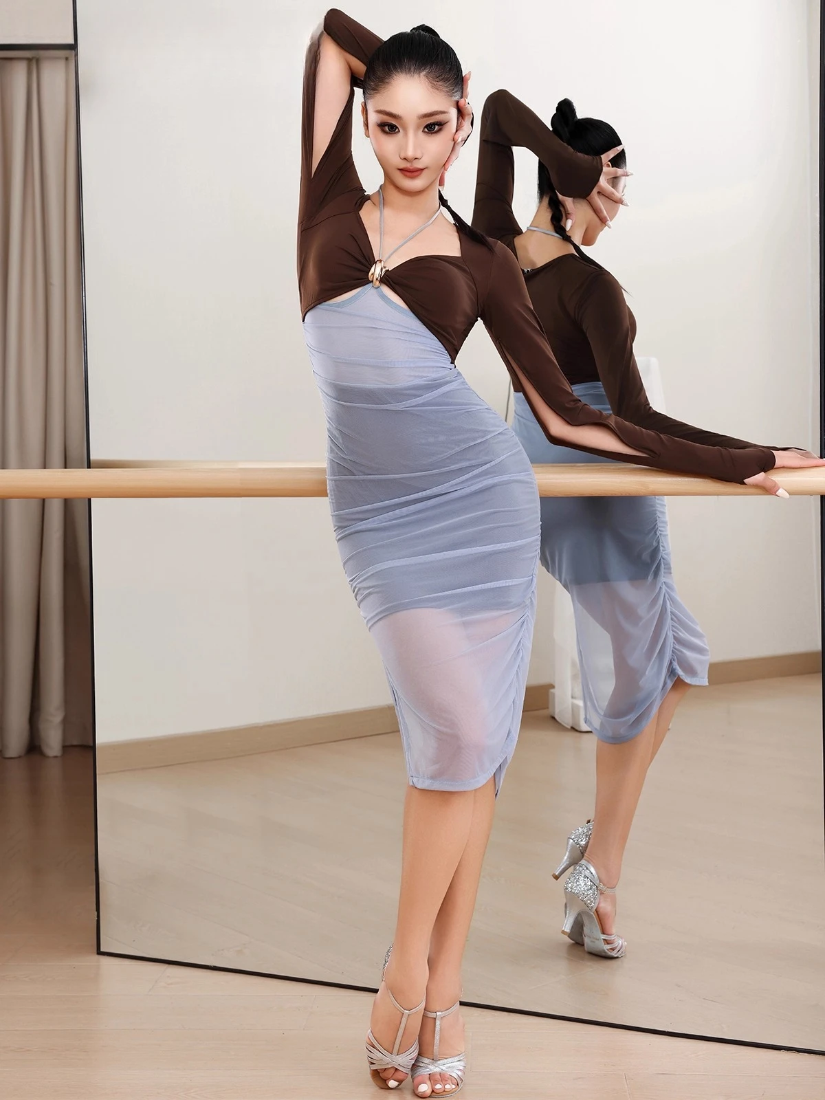 

UK Latin Dance Dress Cut-Out Long Sleeve Mesh Panel Bodycon Dress for Women Daily Practice & Performance