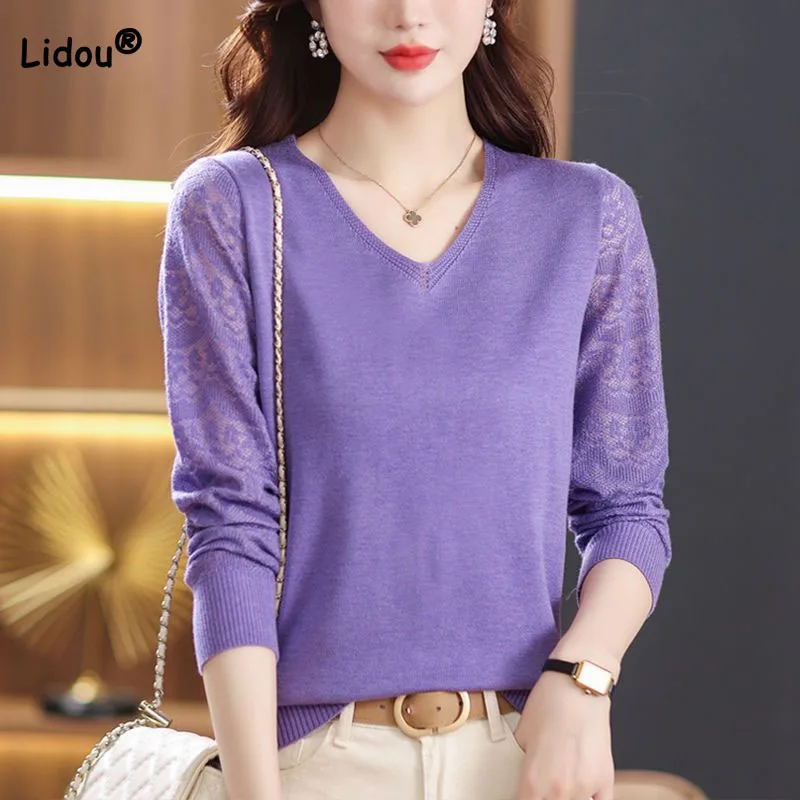 

Women's Elegant Commute V-Neck Solid Color Knitted T-shirt Supple Fashion Hollow Out Lace Long Sleeve Temperament Bottoming Tops