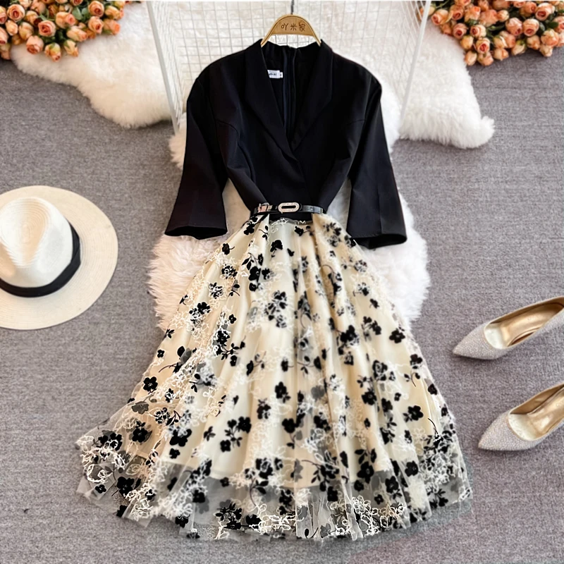 New Spring Women Blazer Collar Embroidery Flower Mesh Patchwork Party Dresses Fashion Black Vintage Hepburn Tulle Dress