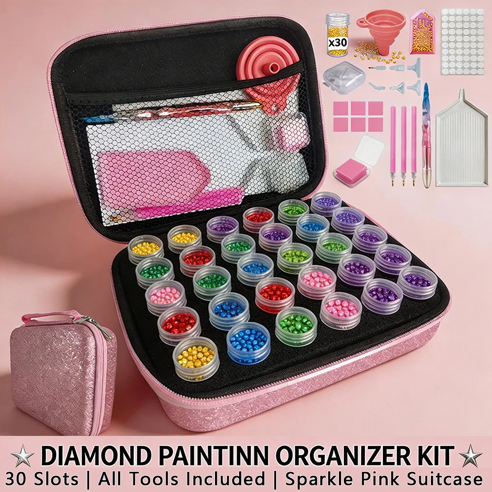 Pink Sparkle Diamond Painting Kit Organizer Case - 30 Slots Storage with Pens Wax Tweezers Trays DIY Accessories in Suitcase