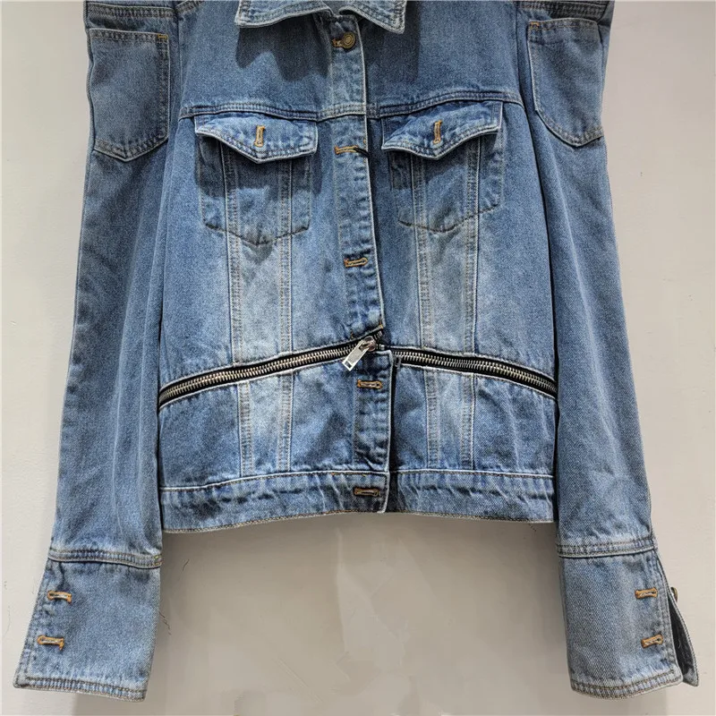 Niche Design Heavy Craft Denim Jacket for Women with Right Angle Shoulder Zipper Trendy, European American Style Women's Jacket