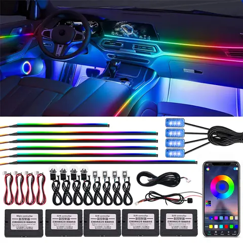 18 in 1 64 Color RGB Symphony Car Ambient Light Interior Acrylic Guide LED Strip Light Decoration Atmosphere Lamp by APP Control