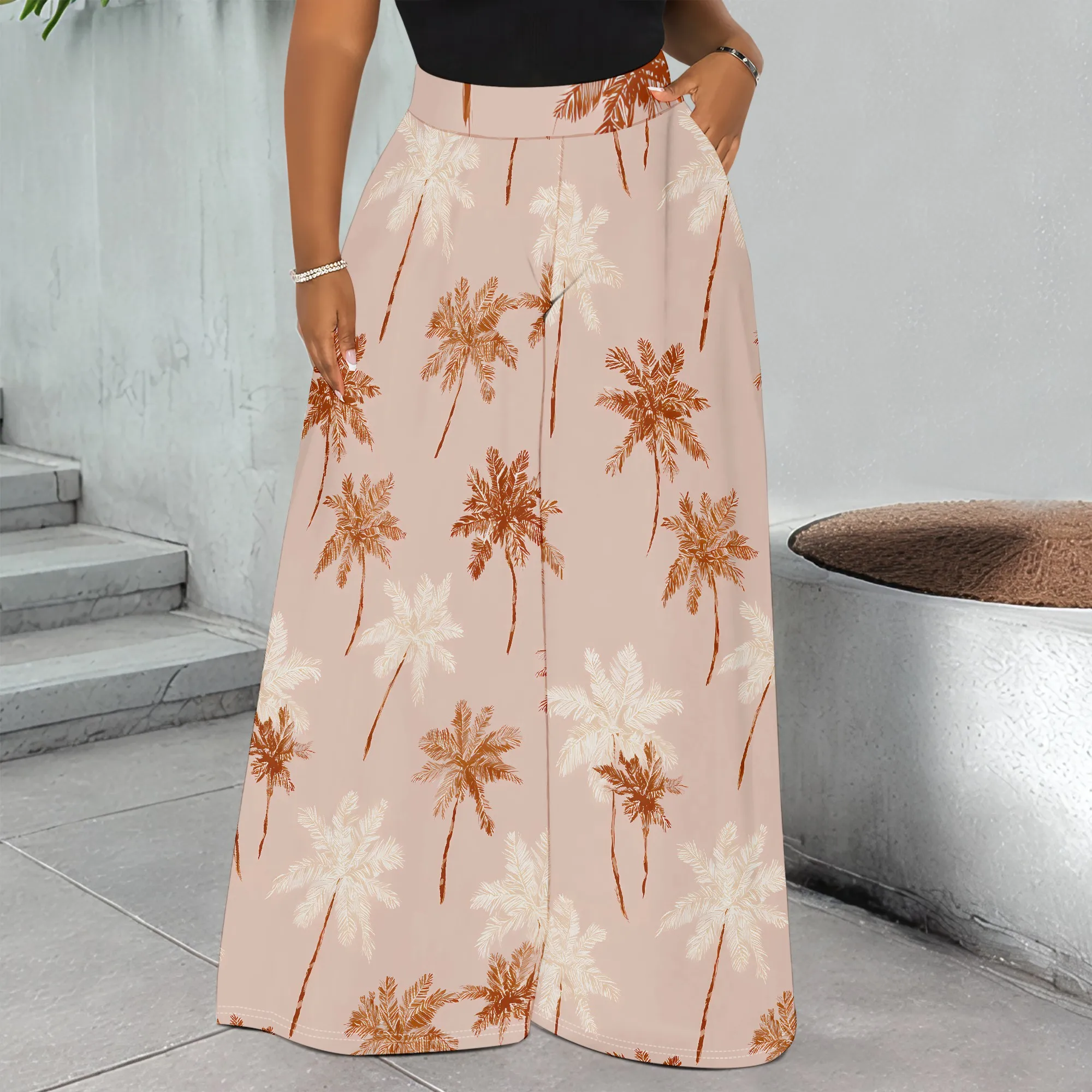 Tropical Print Wide Leg Pants, Palm Tree Pattern Trousers, High Waist Loose Fit, Casual Beach Vacation Wear, S-2XL
