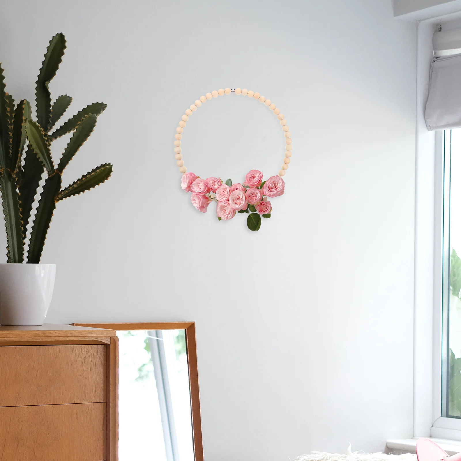 

2Pcs Beaded Wreath Set Rustic Wood Bead Circle Hanging Decor Wedding Party Wall Decor Living Room Home Ornament Natural Style