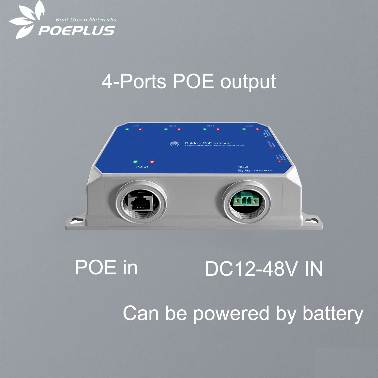 12-48Vdc 入力 4 ポート屋外 POE エクステンダー スイッチ バッテリーと POE 入力を使用して電力を取得可能 10/100/1000Mbps