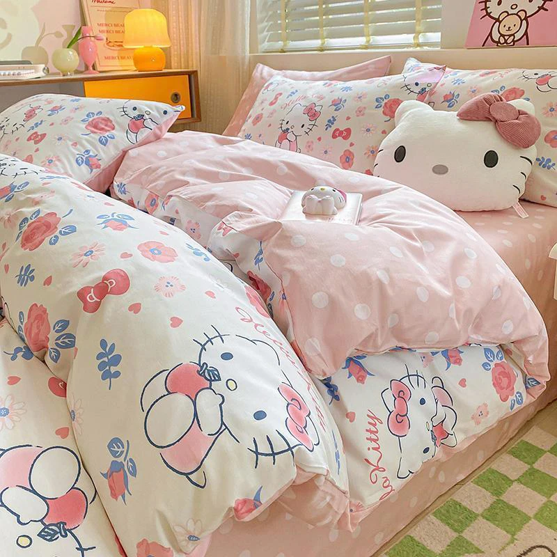 

Sanrios Bedding Four-Piece Set Kawaii Hello Kitty Quilt Cover Bed Sheets Pillowcases Covers Sets Accessories Bedroom Decor Gift