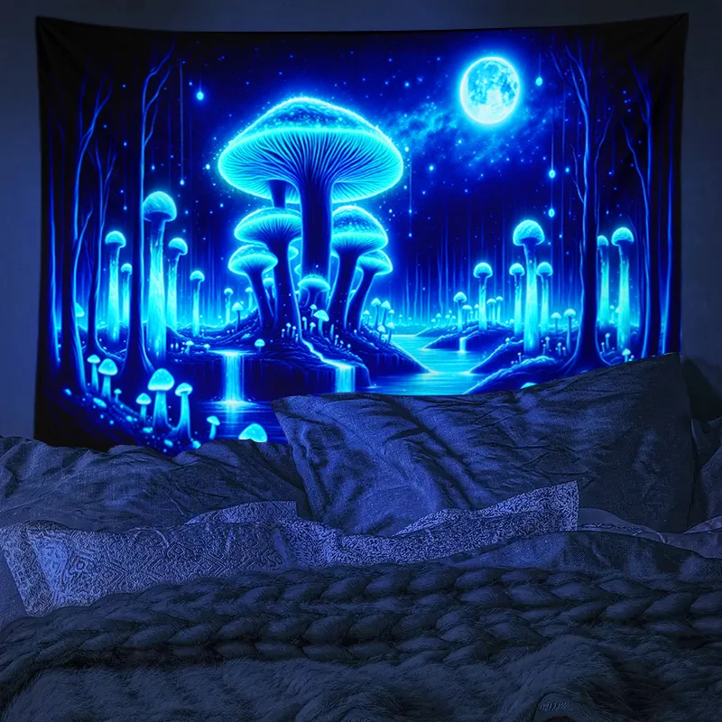 Luminous Mushroom Forest Tapestry with Glowing Moonlight for a Magical Home Decor Accent
