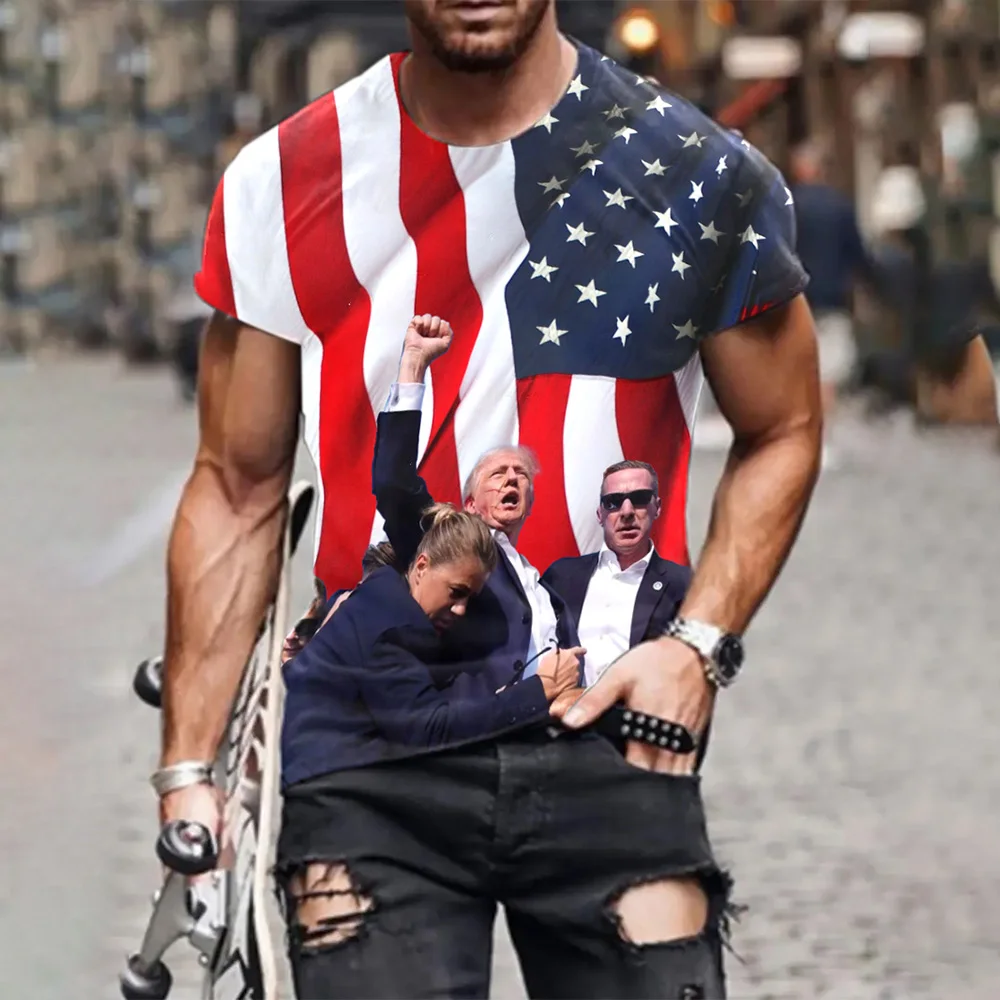 Summer 2024 Latest Donald Trump photo Custom Never surrender Shot Short sleeve T-shirt men's and women's shirts on July 14, 2024