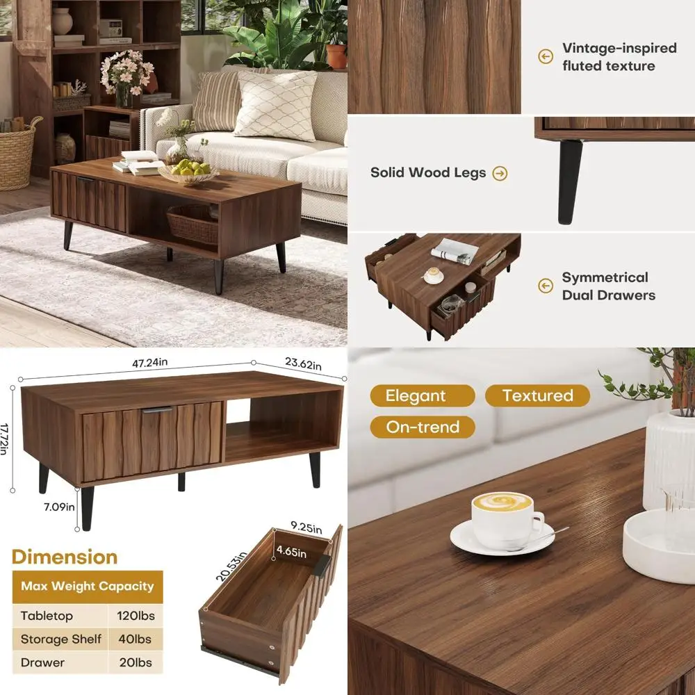 

Современный журнальный столик середины века с рифлеными ящиками и открытым хранилищем, центральный стол из МДФ из орехового дерева 47 с черными деревянными ножками