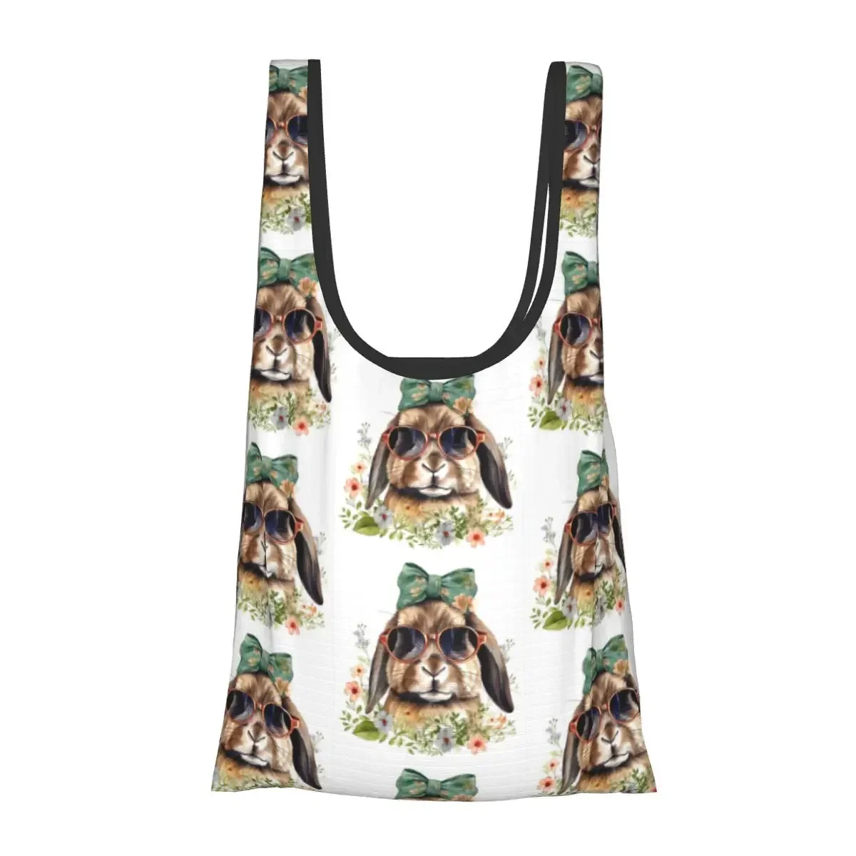 Easter Rabbit With Sunglasses Funny Design Portable Tote Shopping Bags Foldable Shopper Bag Grocery Handbag Shoulder Bag