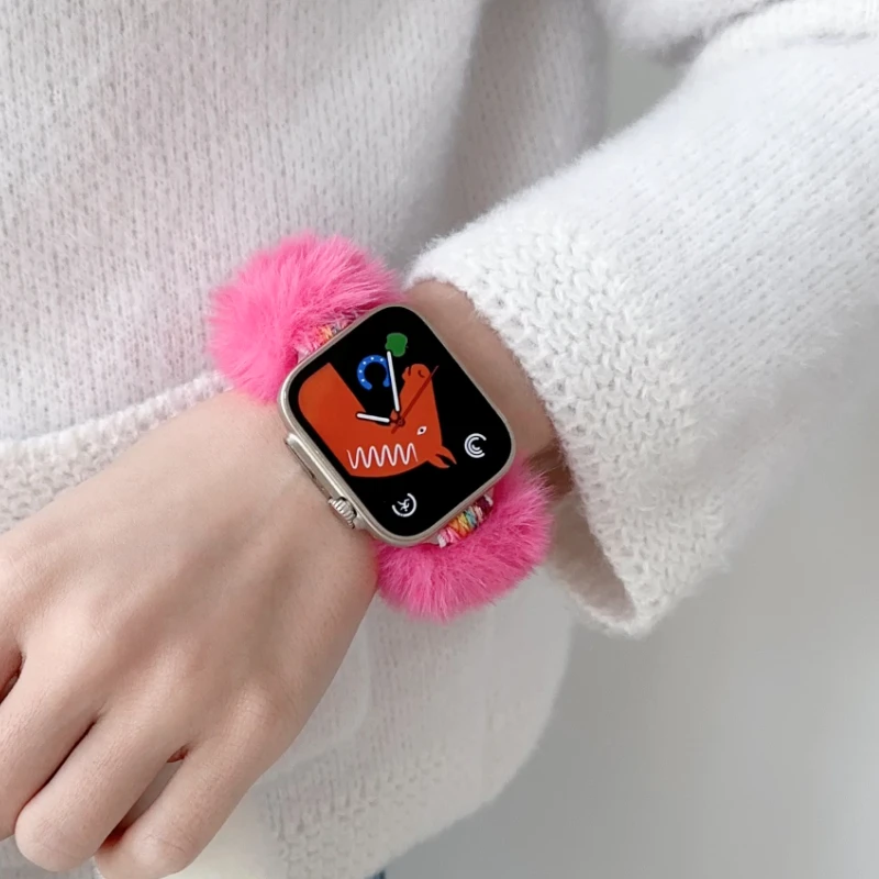 Woman Winter Fluffy Plush Band For Apple Watch Ultra 2 1 49mm 41mm 45mm Correa Watchbands Bracelet For iWatch Series 9 8 7 6 5SE