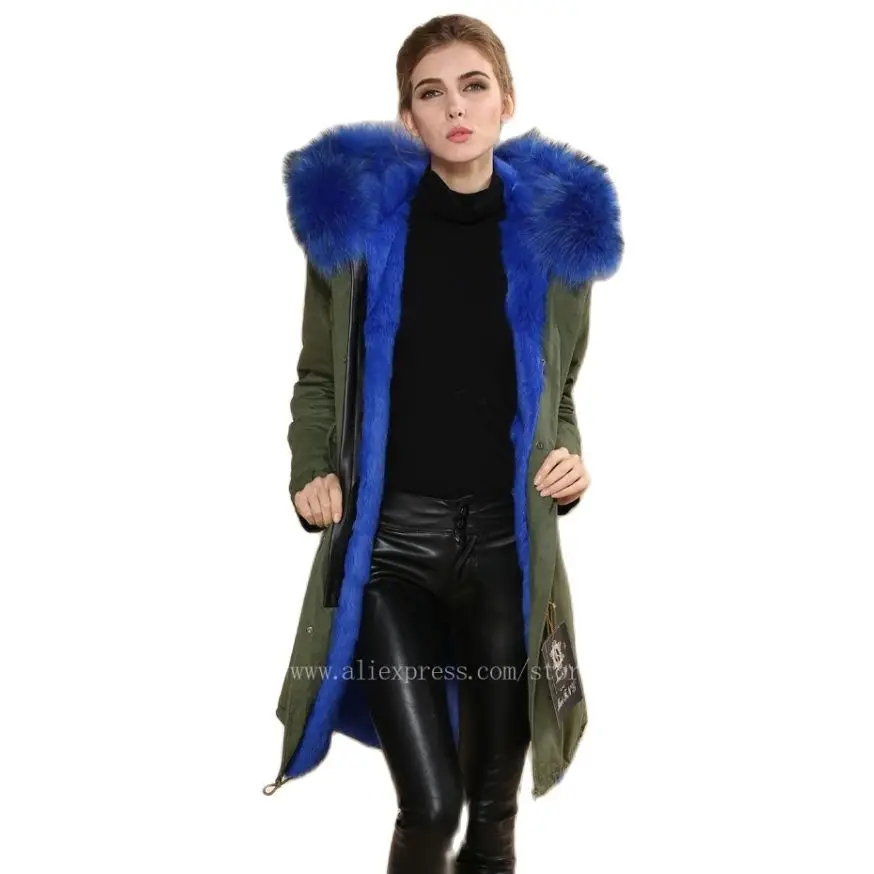 

High Quality Women Lake Blue Rabbit Fur Parka Winter Warm Large Real Fur Collar Jacket For Female Fashion Clothes