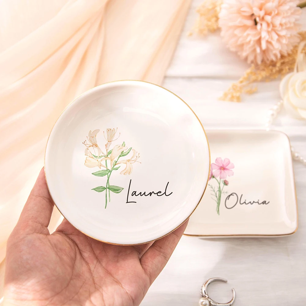 Personalized Birth Flower Trinket Dish Custom Ring Holder Jewelry Organizer Birthday Bridesmaid Engagement Keepsake Gifts