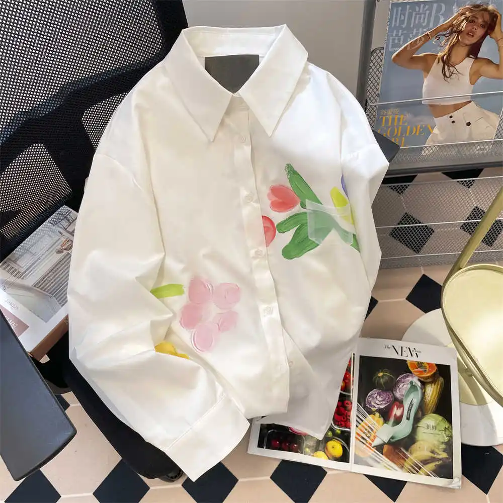

Women White Flower Print Shirts and Blouses Vintage Y2k 90s Aesthetic 2000s Long Sleeve Polo Shirt Fashion Oversize Clothes 2025