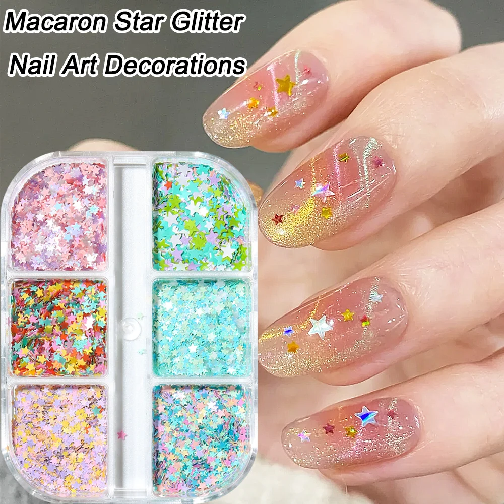 Mixed size macaron colored star nail art decoration sparkling dopamine pentagram fashionable ultra-thin laser nail decoration