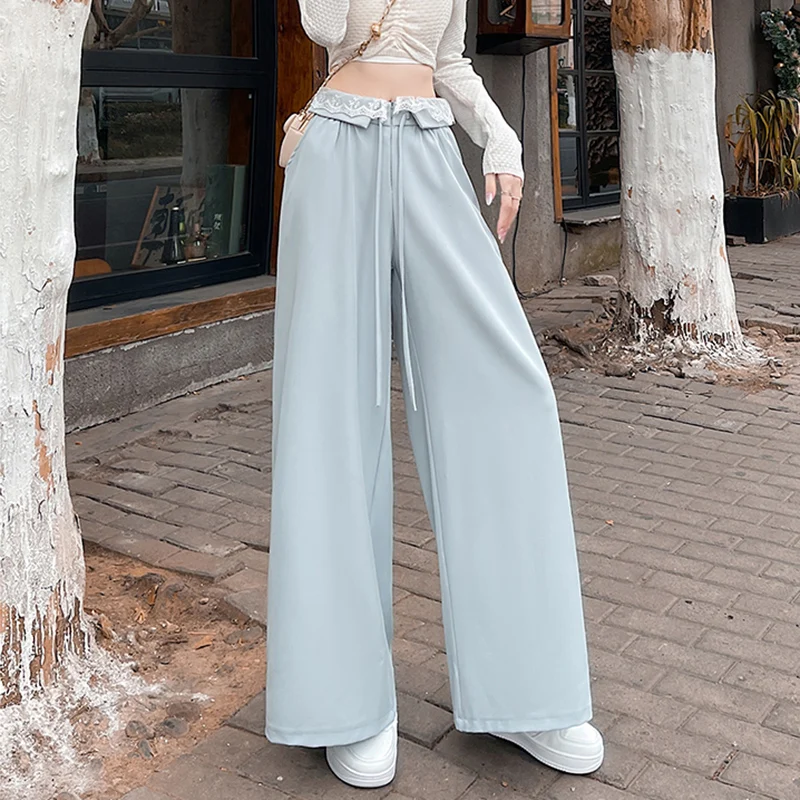 

Designer Lace Suit Pants for Women Spring Summer 2025 New High-waist Casual Wide-leg Pants Womens Trousers Clothing Long Korean