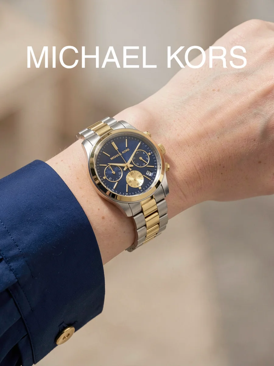 Michael Kors MK6165 Ladies Watch Two Tone Steel Bracelet Blue Dial Chronograph Wristwatch For Holiday trip Anniversary present