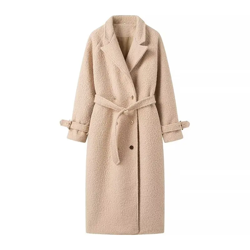 Belt Wool Blend Long Coat Women 2024 Winter Elegant Lapel Long Sleeve Button Jacket Female Fashion Office Lady Trench Coats