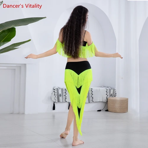 Imagen 2 del producto Conjunto de traje de danza del vientre para mujer, Top con borlas + falda larga con flecos, ropa de danza del vientre para niña, 2 uds.