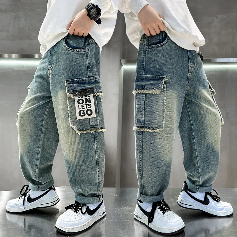 

Spring Big Boys Jeans with Pockets Casual Regular Fit Blue Denim Trousers for Kids Teenagers Fashionable Children's Jeans 5-14 Y