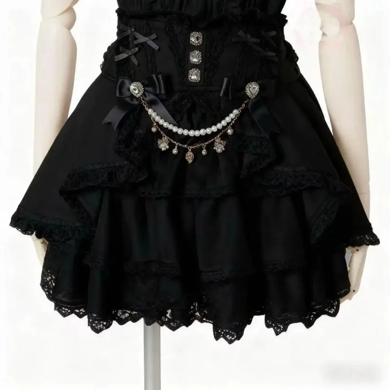 Eleganter Spitzen-Bandage-Partyrock, Gothic Y2K Metallschnallen-Rock, Japanischer Süßer Lolita-Stil Minirock für Damen