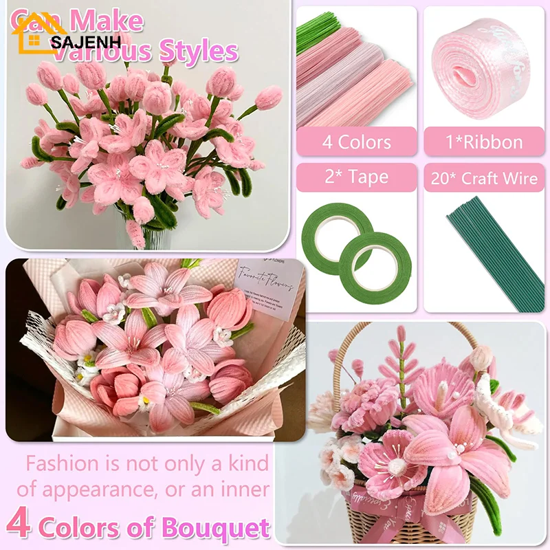 400 Pcs Pipe Cleaners Craft,4 Assorted Colors Pipe Cleaners Bulk, Chenille Stems For DIY Flower Making Kit With Floral Wires