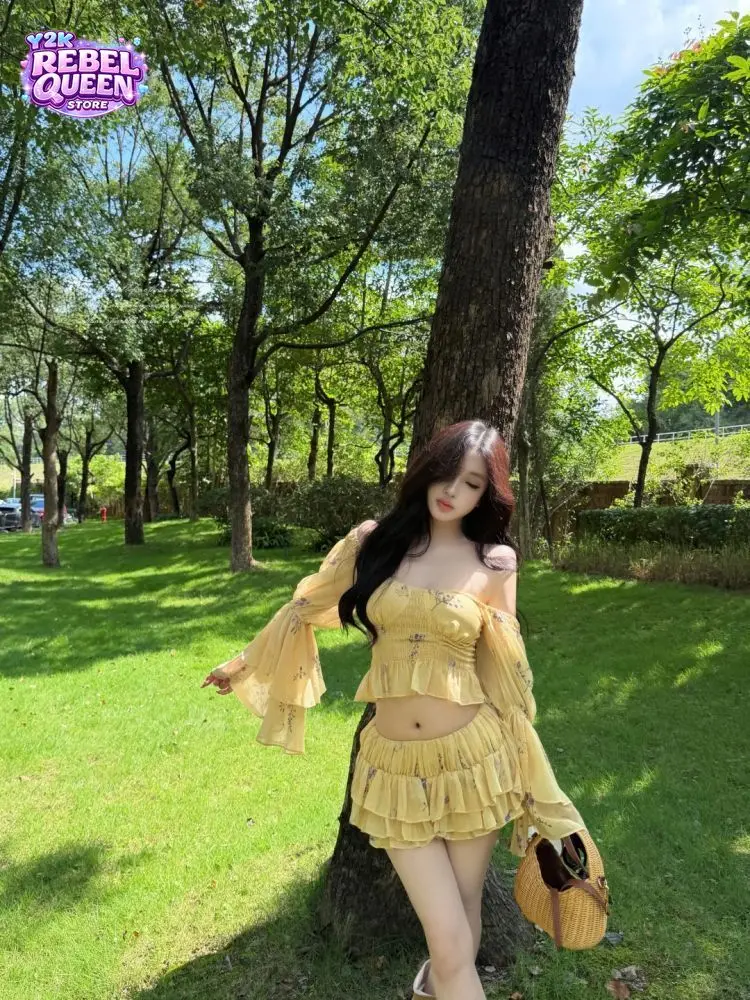 Sweet Coquette Sexy Vintage 2pcs Set Women Off Shoulder Flare Sleeve Ruched Floral Slim Fit Mini Dress Vacation Casual Outfit
