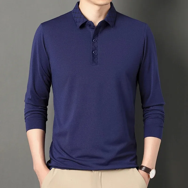 Men Silk Cotton Long Sleeve Polo Shirt Loose Wrinkle Resistant Business Casual Lapel Top for Middle Aged