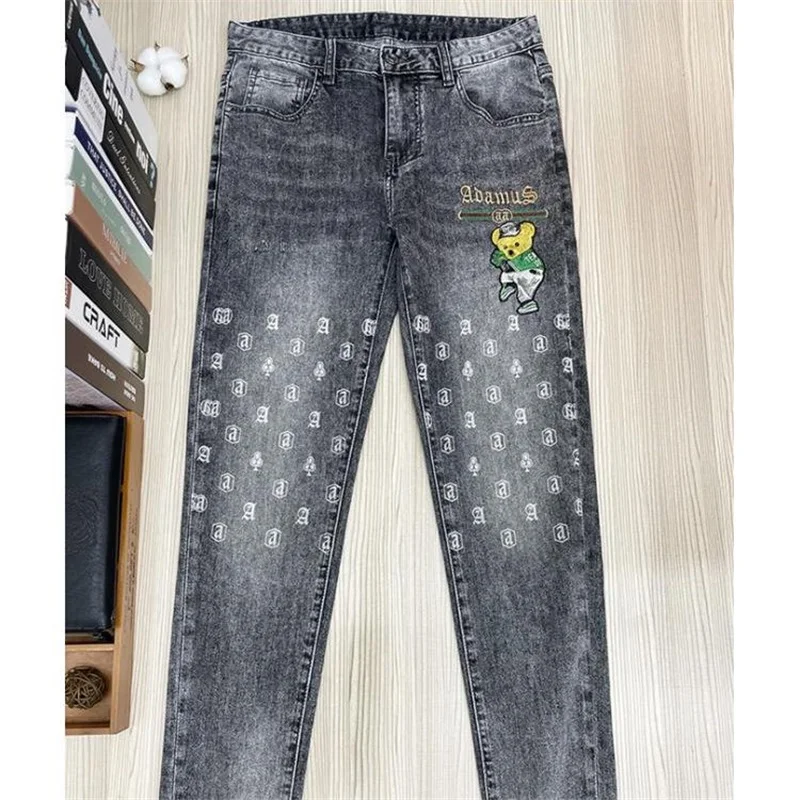 

Summer High End Printed Jeans Men Trendy Brand Bear Embroidered Grey Stretch Slim Fit Skinny Pants Luxury Youth Banquet Cotton 2