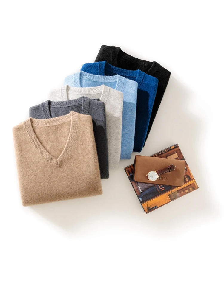 New Men's 100% Merino Wool Sweater Vest V-neck Pullover Autumn Winter Smart Casual Wool Sleeveless Knitwear Waistcoat Basic Tops