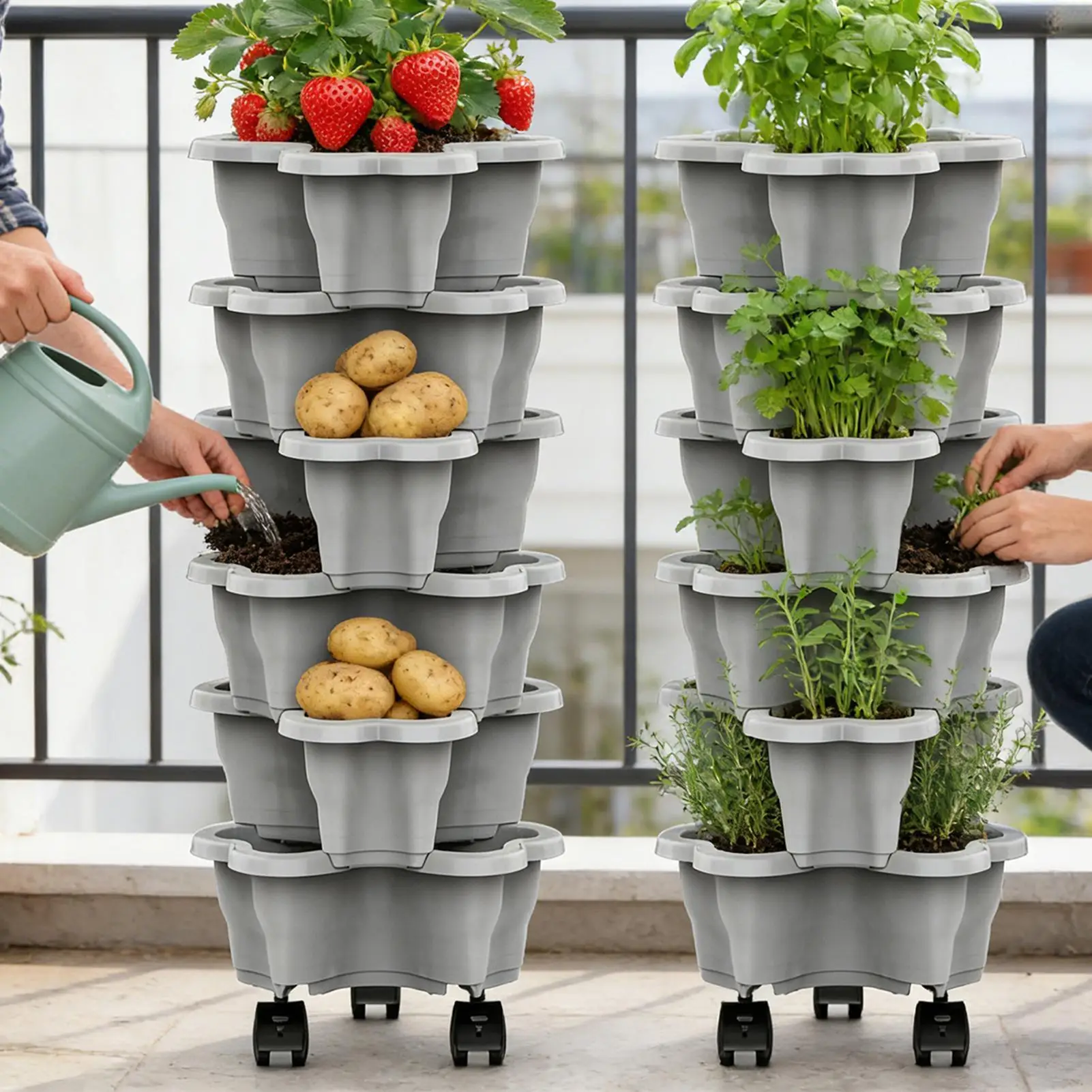 6 Tier Plant Tower With Wheels Stackable Plant Towers Space Saving Vertical Planter Tower For Strawberry Green Balcony Terrace