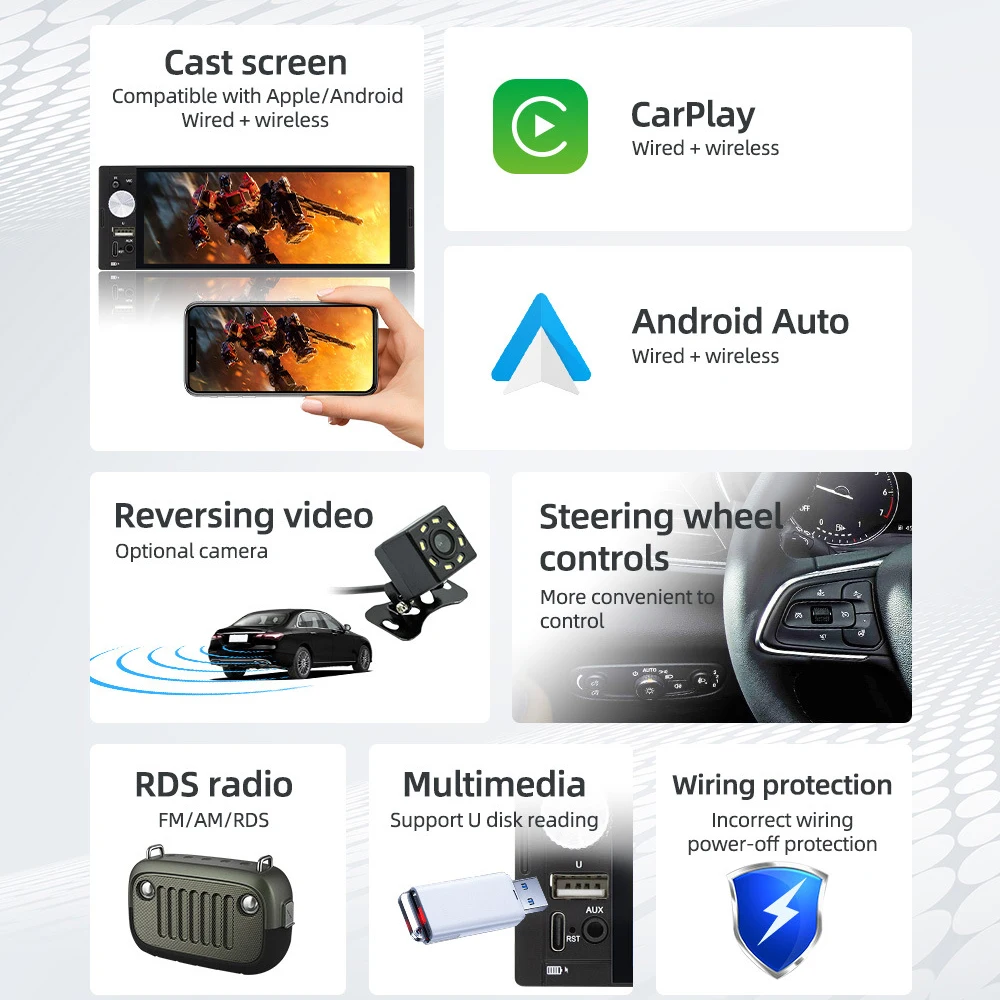 6.36 inch Wireless CarPlay Car Central Control Large Screen Reversing Rear View Multimedia Car MP5 Player