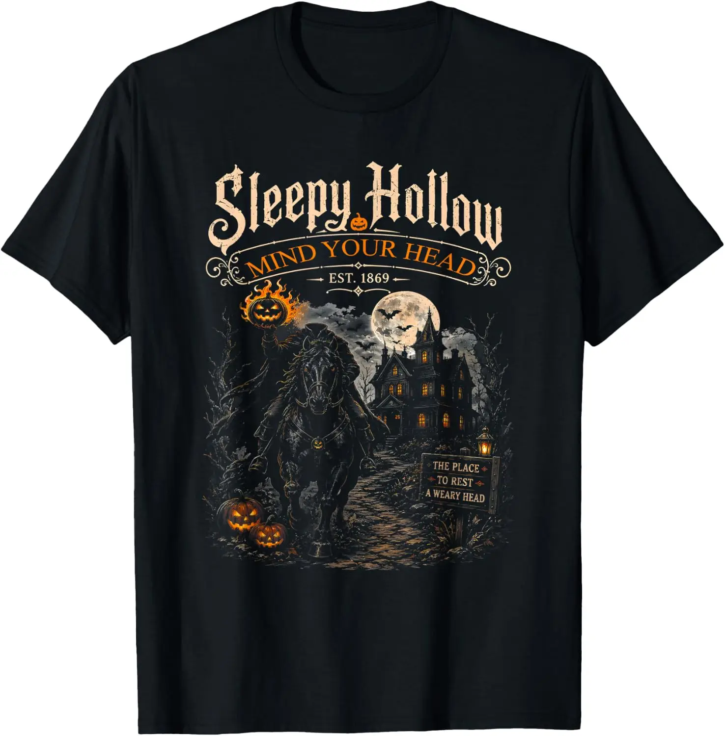 Vintage Mind Your Head Sleepy Hollow Headless Horseman T-Shirt Men Women Unisex Novelty Graphic T‑Shirt, Classic Crew Neck 100% Cotton Tee, Lightweight Anti‑Pilling Breathable Casual Tops, Year‑Round Daily Outfit, Holiday Birthday Present Tee