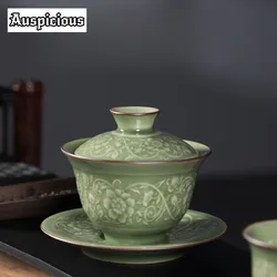 Longquan Celadon 얕은 Gaiwan Zen 릴리프 얽힌 연꽃 차, 차 만들기 커버, 그릇 다도 장식, 150ml