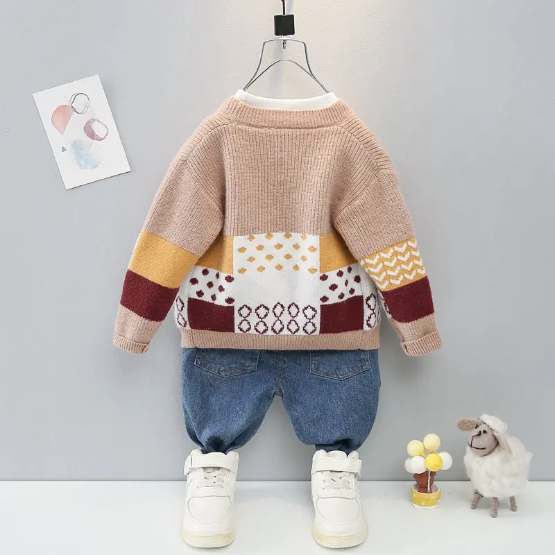 New Spring Fashion Autumn Children Boys Girls Kids Patchwork Coat Smile T-shirt Pants Jeans 3Pcs/Sets Kids Clothing Tracksuits