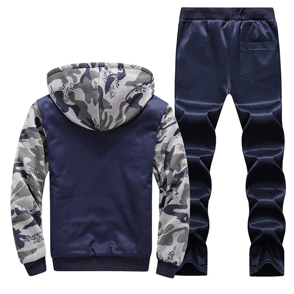 2 Pcs Set Men Winter Tracksuit Fleece Lined Sportswear Outfits Men Fashion Sets Sweatsuit Keep Warm Casual Sweatshirt  and Pants