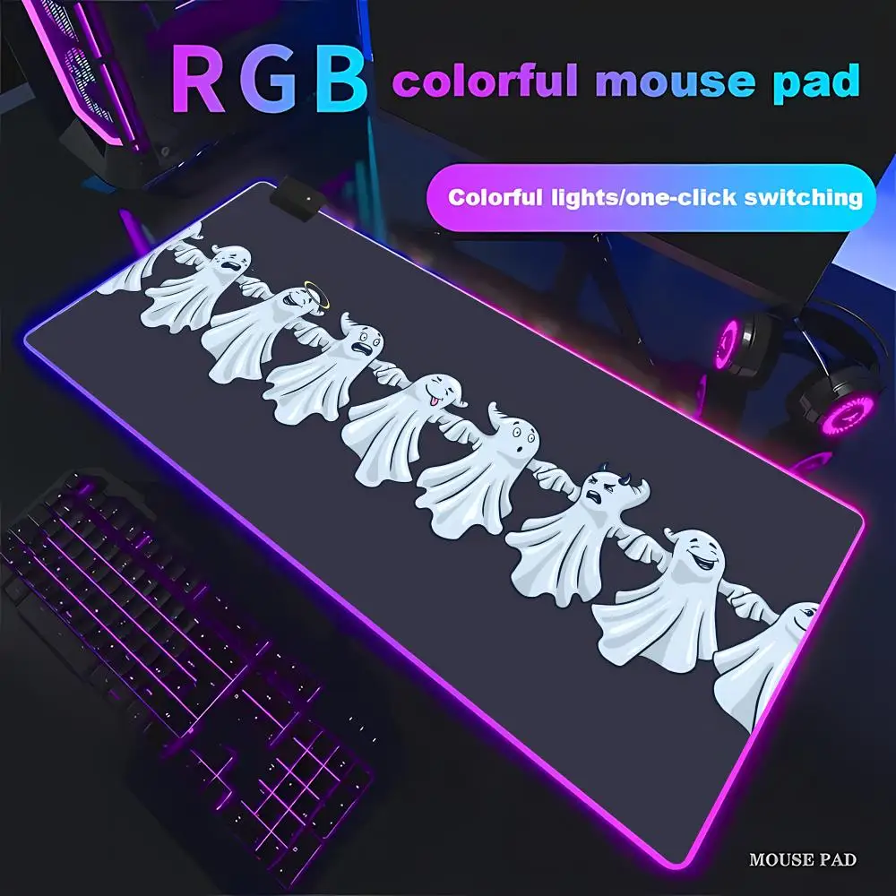 

Игровой коврик для мыши HYBXAXC с мультяшными милыми призраками, RGB-подсветкой, HD, большой, XXL, для ПК, нескользящий