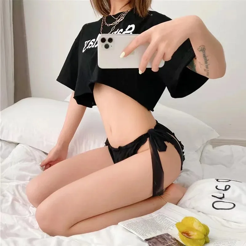 Sexy Oversized Lace Underwear Japanese Girls\' Bowknot Lace Up Adjustable Panties Cute White Mesh Yarn Lolita Perspective Briefs