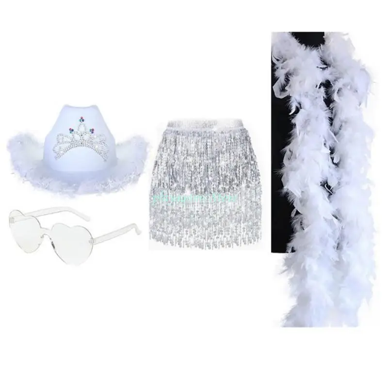Y88A Omzoomd Cowboy Hoeden Sjaal Zonnebril Taille Riem Set Vrouwen Muziek Festival Dress Up Kostuum Vrijgezellenfeest Pak