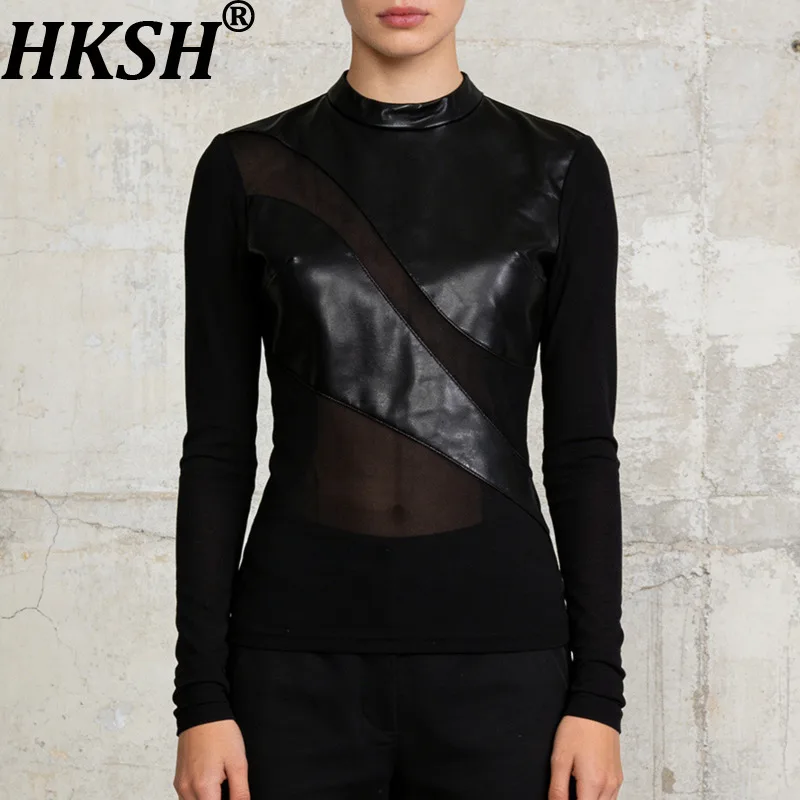

HKSH 2026 Spring New Women T-shirt PU Leather Patchwork Sheer Mesh Asymmetric Design Long Sleeves High-End Sexy Chic Top HK18934