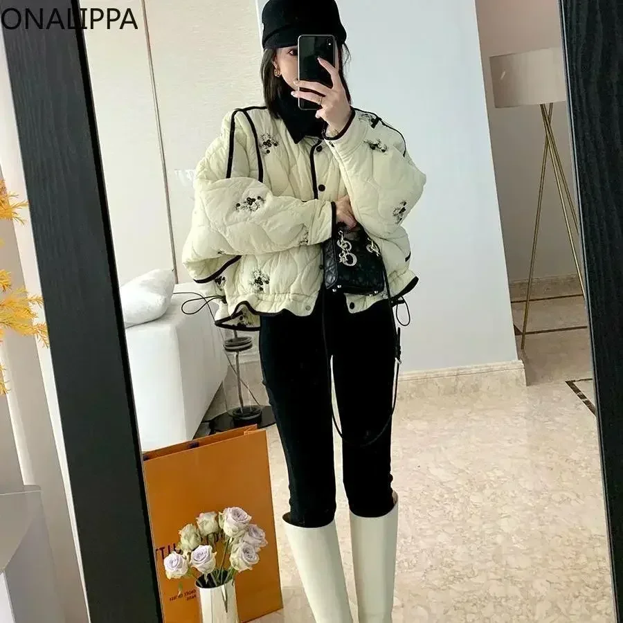 Onalippa Embroidery Floral Quilted Coat Small Fragrance Drawstring Contrast Winter Clothes Women French Style Vintage Coats