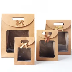 10/20pcs Portable Gift Bags Clear Window Kraft Paper Bag with Handle Candy Biscuits Cake Baking Bags Eid Mubarak