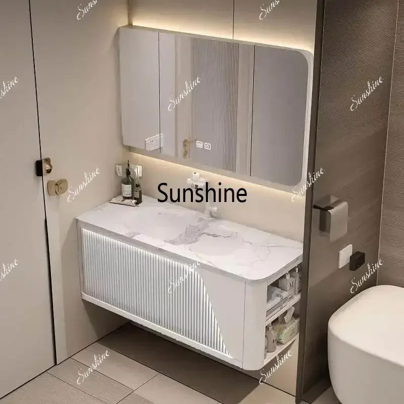 Intelligent Bathroom Cabinet Combination with Rock Board Hot Bending Integrated Basin Sink Wall-Mounted Direct Sale T*