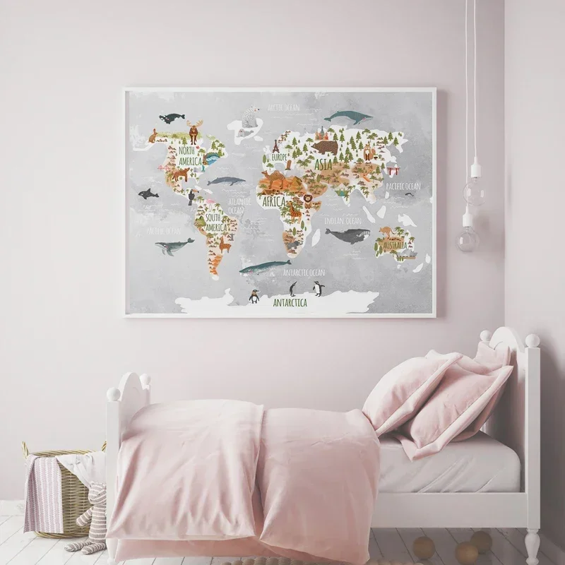 

Woodland Animal World Map Poster Art Prints Nursery Decor For Kids Room Wall Art Watercolor Map With Animals Canvas Painting