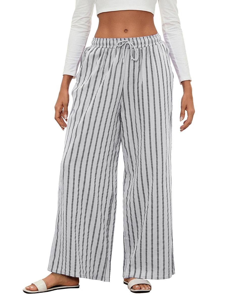 

Women s Lounge Pants Stripe Elastic Waist Loose Comfy Casual Wide-Leg Pants Pajama Pants Sleep Trousers