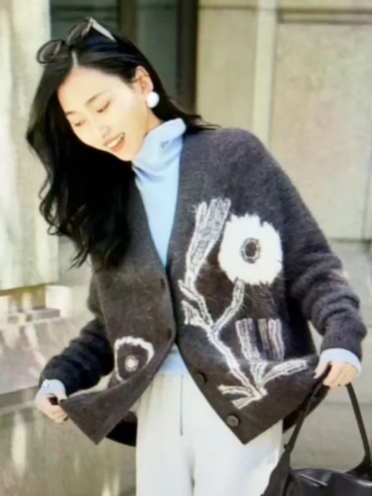 プリントセーターニットカーディガン女性グラフィティ V ネック長袖ニットストリートレディセーター新しい秋特大カーディガン