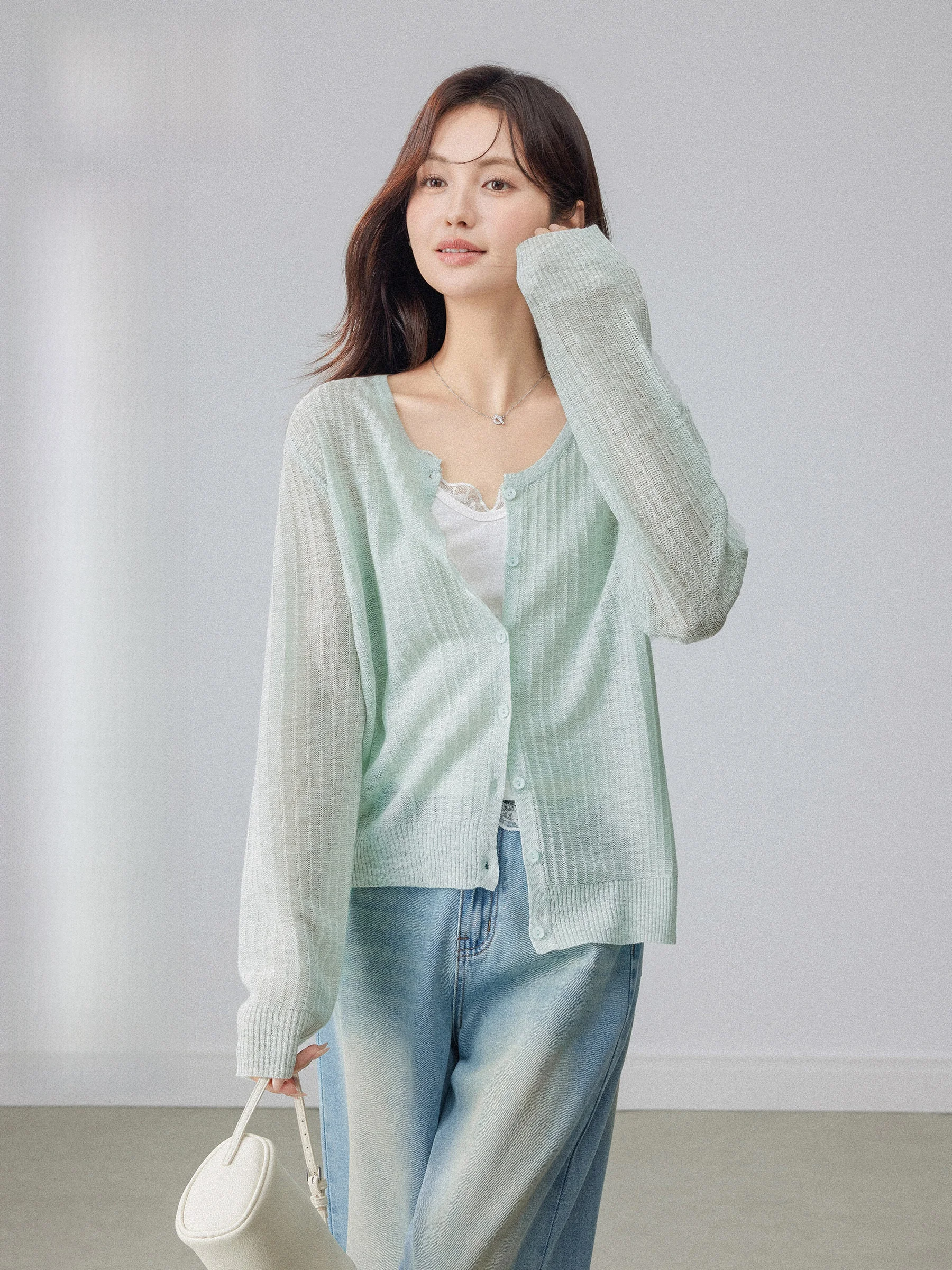 

Mint Green Thin Knitted Open Cardigan Women's Spring Korean Style Gentle Wind Layering Tank Top Two-Piece Set Top