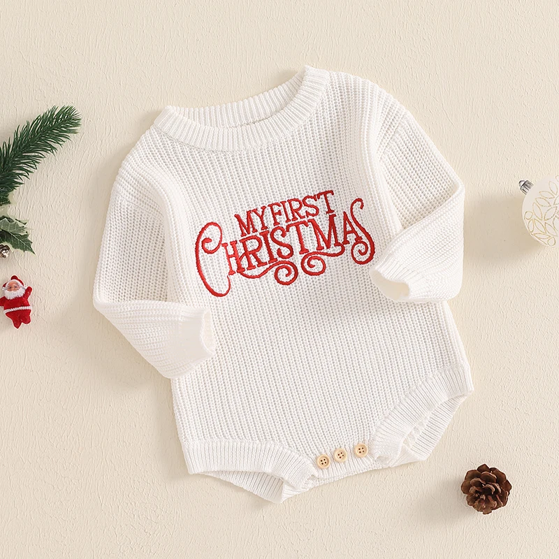 Baby Christmas Sweater Romper Letter Embroidery Round Neck Long Sleeve Knit Bubble Jumpsuit